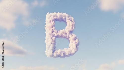 Cloud Letter B Floating in Blue Sky: Soft Fluffy Alphabet Symbol. Heavenly Font Concept and 3D Render Element.