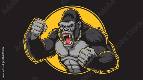 Powerful gorilla mascot with an angry expression and clenched fists stands in front of a yellow circular background design.