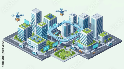 Isometric cityscape with modern buildings and drones.