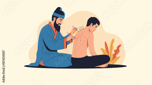 Ancient traditional doctor performing acupuncture therapy on a male patient sitting on a mat in a historical setting.
