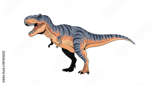 Powerful Tyrannosaurus Rex dinosaur stands with an open mouth showing sharp teeth in a detailed prehistoric illustration.