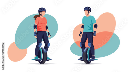 Young man and woman wearing protective gear while riding electric unicycles against a colorful abstract background pattern.