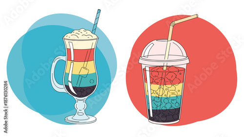 Two different types of colorful layered drinks with straws served in a glass mug and a plastic takeaway cup on circles.