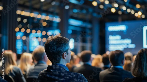 Audience watching ai presentation in modern conference venue  