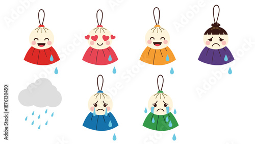 Collection of traditional Japanese rain dolls known as teru teru bozu expressing different emotions under a rainy cloud.