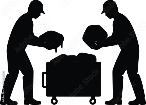 Two men loading luggage onto cart