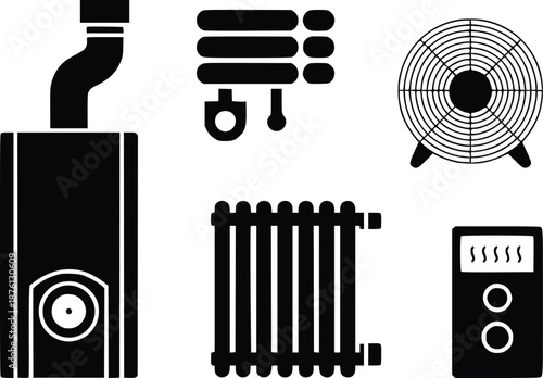 Energy Efficiency Icons: A collection of simple, yet impactful icons representing various elements of energy efficiency, from a central heating unit to a fan. 