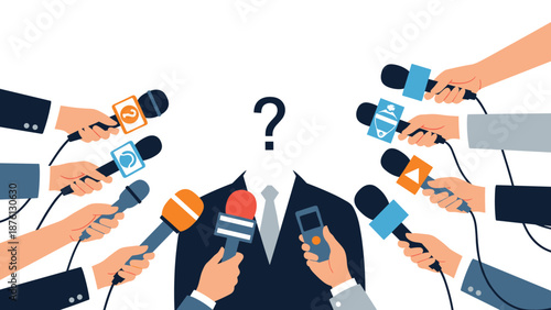 Person with a question mark instead of a head being interviewed by multiple journalists with microphones for anonymity.
