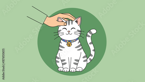 Person gently stroking a cute gray and white tabby cat wearing a bell collar against a green circular background design.