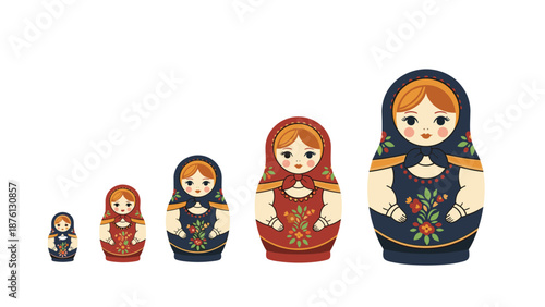 Row of five colorful matryoshka dolls also known as Russian nesting dolls arranged by size on a plain white background.