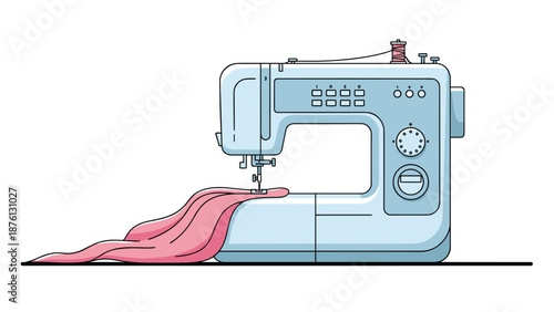Modern light blue sewing machine stitching a piece of pink fabric for garment manufacturing or home tailoring projects.