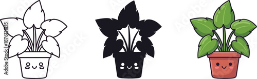 A charming illustration set of a kawaii potted plant in outline, silhouette, and full color styles