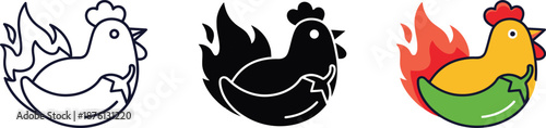 Fiery hot chicken logo icon with a green chili pepper and red flames