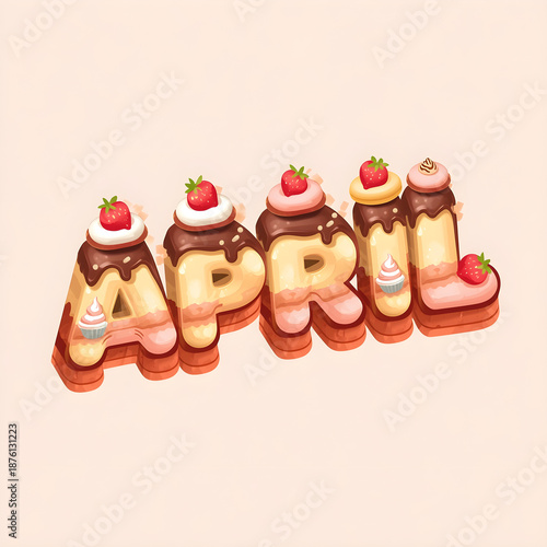 Wallpaper Mural April Strawberry and Chocolate Dessert Typography with Soft 3D Cake Lettering in Pastel Bakery Style Torontodigital.ca