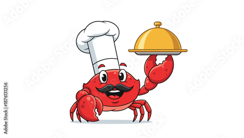 Happy red crab character wearing a white chef hat and holding a golden serving platter for seafood restaurant menus.