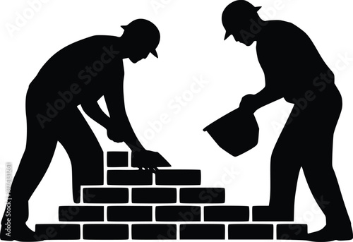 Two workers building a brick wall