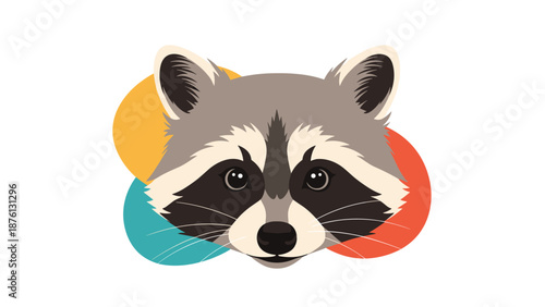 Close-up portrait of a raccoon face with its signature black mask and whiskers against a colorful abstract background.