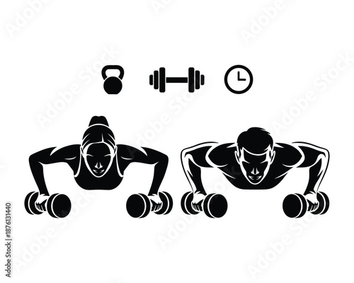 man and woman doing pushups with dumbbells