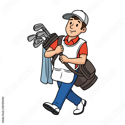 Golf Caddy Cartoon Walking with Bag of Clubs