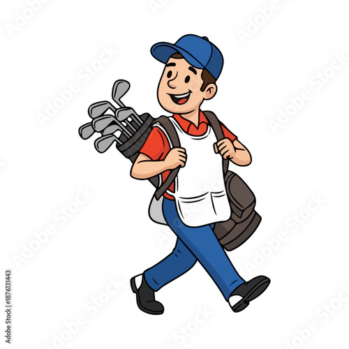 Happy Golf Caddy Walking Carrying Bag of Clubs Illustration