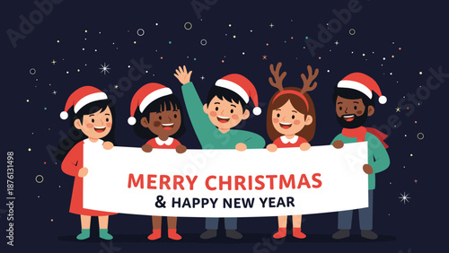 Diverse children and adults wearing Santa hats and holding a Merry Christmas and Happy New Year banner on starry night.