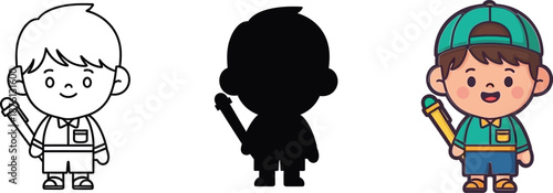 Cheerful cartoon boy holding a pencil shown in outline, silhouette, and full color styles