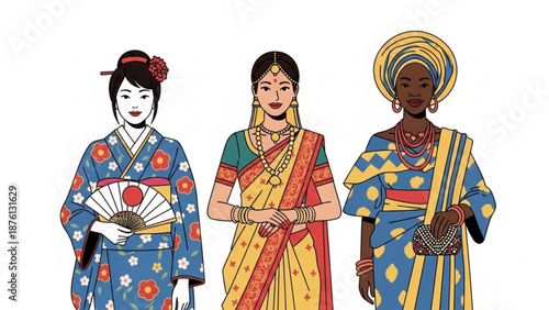 Diverse women in traditional cultural attire from asia and africa kimono sari dashiki fashion illustration