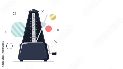 Mechanical metronome used for music practice and timing standing against a white background with abstract geometric shapes.