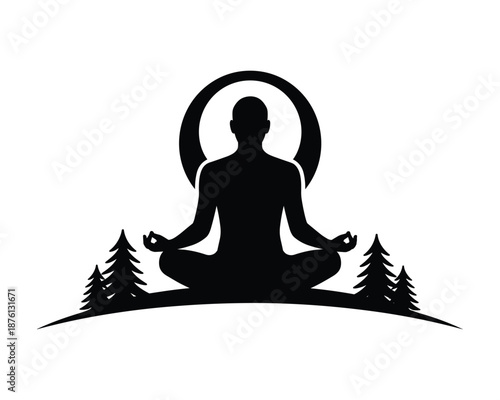 man sitting in yoga pose with trees and moon