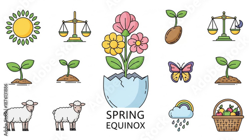 Spring equinox themed vector graphics with flowers lambs and scales