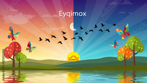 Split landscape with day and night sun and moon birds flying colorful trees lake reflection serene natural scenery