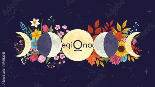 Equinox logo with crescent moons and flowers on dark background symbolizing seasonal change and nature