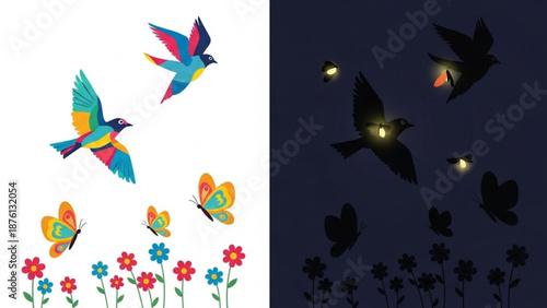 Glowing butterfly and hummingbird decals for kids colorful night light stickers with flowers