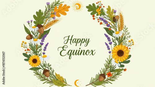 Vibrant floral wreath with 'happy equinox' text on cream background sunflowers leaves and flowers