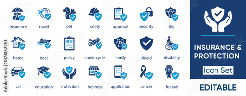 Insurance Coverage and Security Protection Icon Set. Vector Glyph Icons for Family Safety and Business Risk Policy.