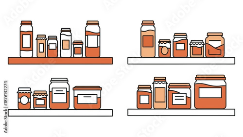 Various containers arranged on shelves in a minimalist style from a straightforward viewpoint
