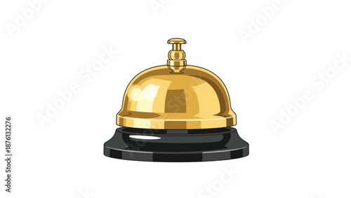 Shiny golden service bell sitting on a black base for hotel reception concierge or customer service desk concepts.