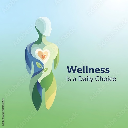 Stylized Human Figure with Heart and Plant Symbolizing Holistic Wellness and Health