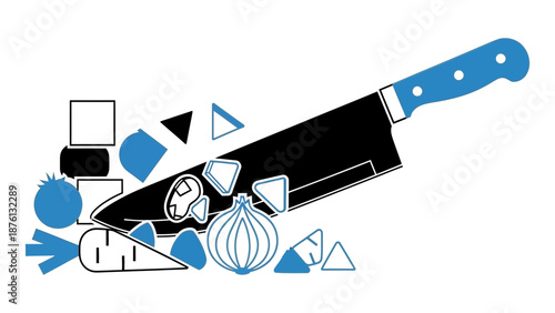 A blue handled knife lies diagonally across a collection of kitchen utensils and ingredients in a graphic illustration
