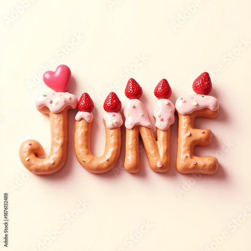 Wallpaper Mural Dessert typography illustration featuring the word June created with soft 3D cake, cream, and chocolate textures. Decorated with strawberries, cupcakes, and macarons in warm pastel tones Torontodigital.ca
