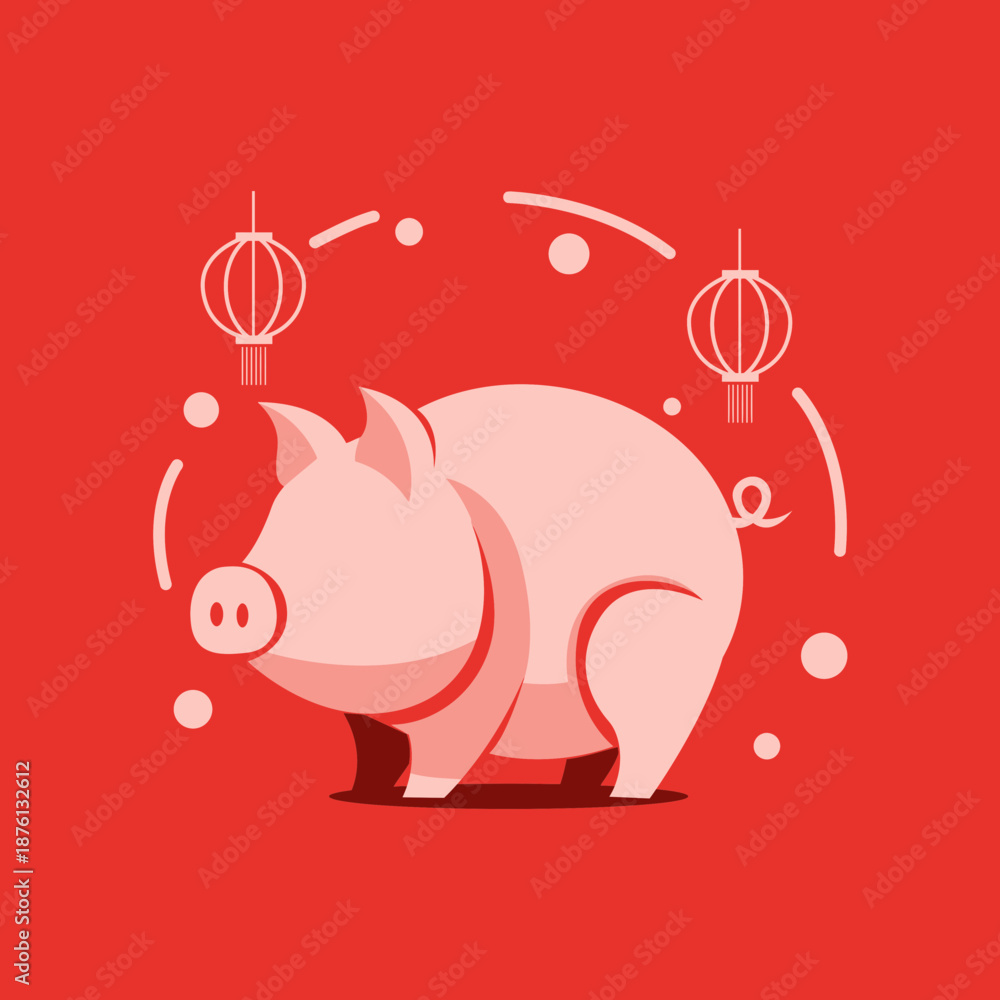 Obraz premium Chinese Zodiac Pig Flat Vector Illustration with Red Lanterns for Lunar New Year