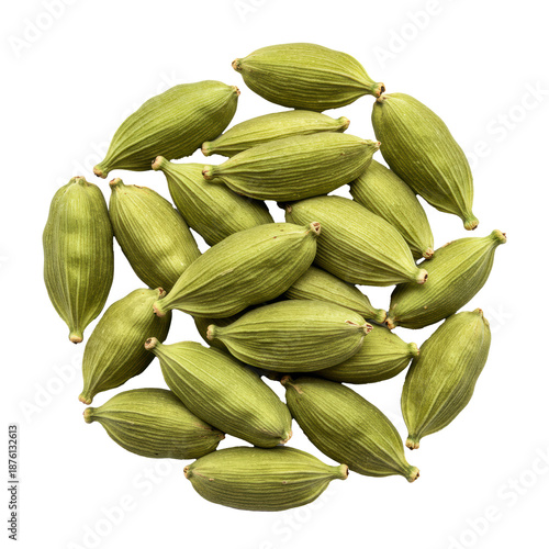 Wallpaper Mural Macro flat lay of tightly clustered, vibrant emerald green cardamom pods showing detailed fibrous texture, isolated on a transparent studio background. Concept for luxury culinary spice Torontodigital.ca