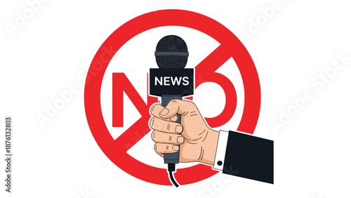 Hand holding a professional news microphone in front of a red prohibition sign indicating a ban on media coverage or fake news.