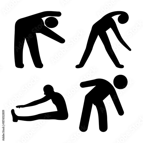 A collection of diverse stretching exercises depicted in black silhouettes for fitness and flexibility