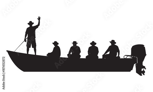 Silhouette of a group of five people on a motorboat, one standing and waving, enjoying a sunny day on the water, perfect for travel and leisure themes.