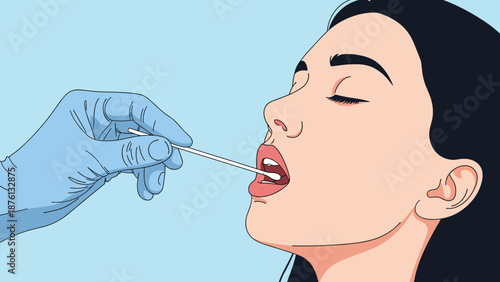 Healthcare professional in blue medical gloves taking a mouth swab sample from a woman for a diagnostic laboratory test or checkup.