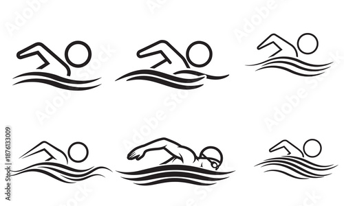 Group of six minimalist black and white vector icons representing swimmers, some with goggles, executing different swimming strokes with clean lines and stylized water, ideal for sports branding.