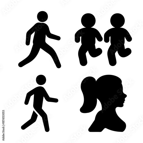 Diverse black silhouette icons representing walking, running, and a female profile