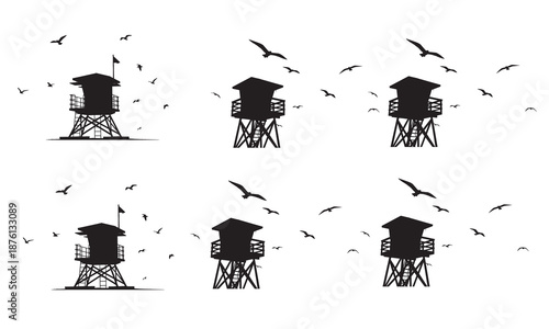 Silhouettes of lifeguard towers on a beach with seagulls flying, evoking a sense of safety, summer, and coastal vigilance, isolated on a white background.