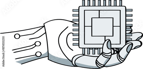 Robotic hand holding microchip with modern technology design